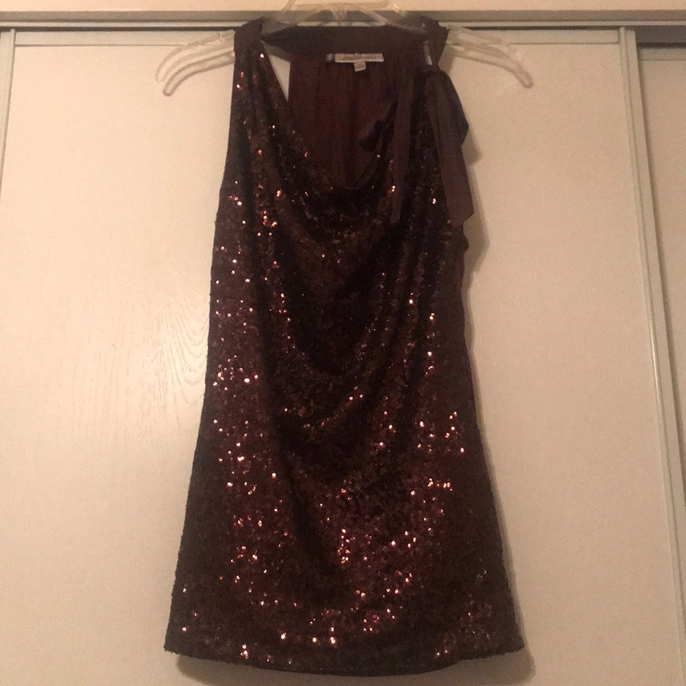 Jennifer Lopez Brown Sequin Cowl Neck Blouse